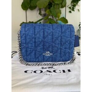 Coach Quinn Shoulder Bag With Quilting Denim Silver Indigo CAK40 Chain Strap